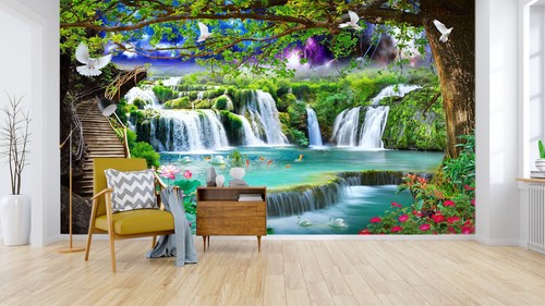 3D Waterfall Bridge A770 Wallpaper Wall Murals Removable Self-adhesive Amy - Picture 2 of 11