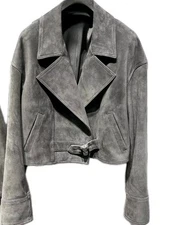 Women's Vintage Suede Leather Jacket Real Gray Latest Cropped Fringe Jacket