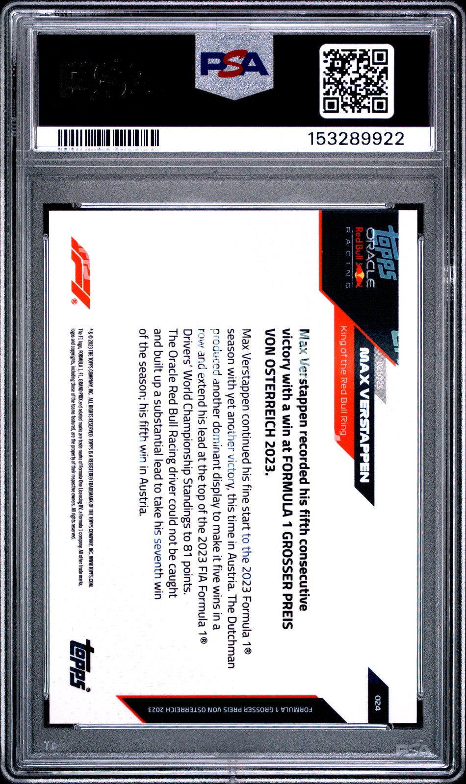 2023 TOPPS NOW FORMULA 1 #24 MAX VERSTAPPEN PSA 10 view 2