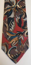 Vintage 100% Silk Abstract Floral Necktie Red Navy Brown Made in USA RN 49930