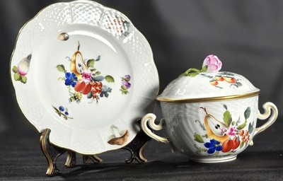 Herend Porcelain Fruits & Flowers BFR Lidded Cream Soup Cup & Plate #9