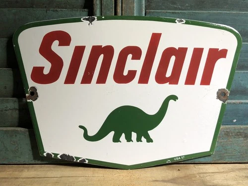 VINTAGE 1957 DATED SINCLAIR GASOLINE DINO 12” PORCELAIN GAS PUMP DINOSAUR SIGN