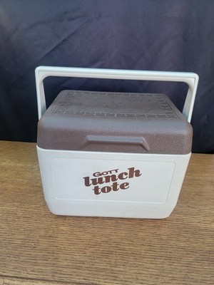 GOTT Lunch Tote 10 qt Plastic Ice Chest Cooler Beige/Brown Drain Vtg W/ Ice Pack
