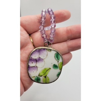 Amethyst Pottery Shard Pendant Necklace Gemstone Purple Stone Upcycled Handmade