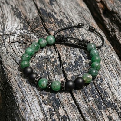 Custom Engraved Initial NAME  Healing Natural Jade Onyx Beaded Bracelet for Men