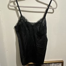 Vintage 60's Vanity Fair Lace Trim Adjustable Strap Camisole Black Nylon Size 38