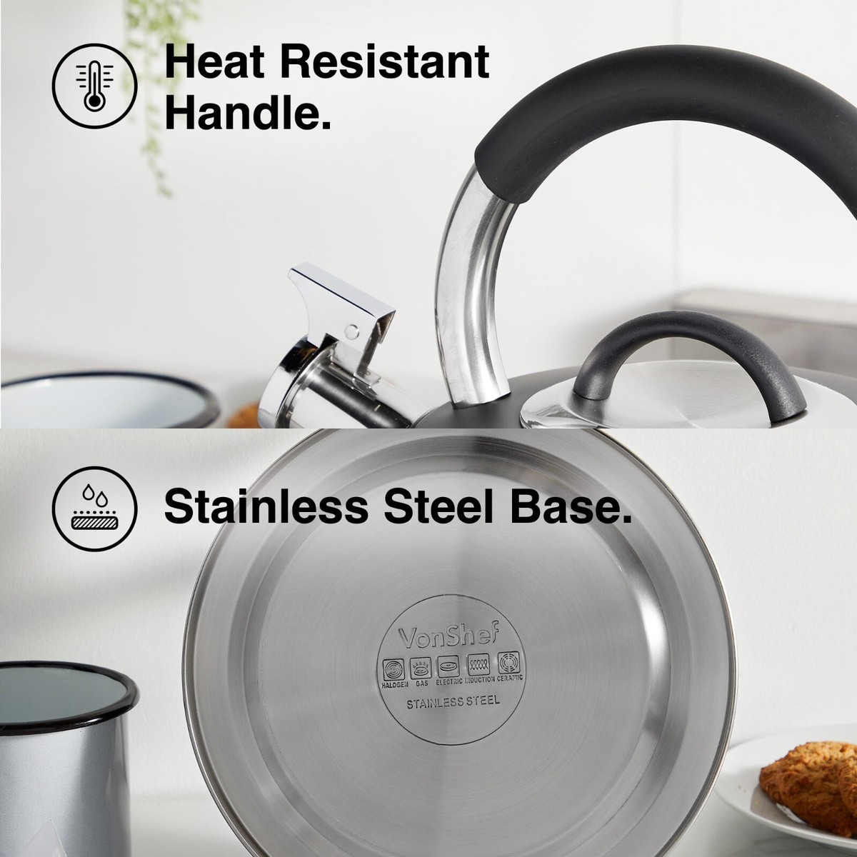 VonShef Black Stovetop Kettle, Stainless Steel Retro Style