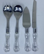 Stainless Fork and Spoon Salad Server And Cake Knife Set Clear Plastic Handles