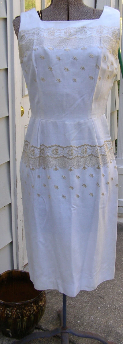 OFF WHITE Abito a tubino vintage anni 60 bianco sporco panna floreale ricamato fiori