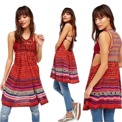 $148 FREE PEOPLE Rare Hearts Orange Boho Crochet Knit Tunic Midi Dress SIZE XS