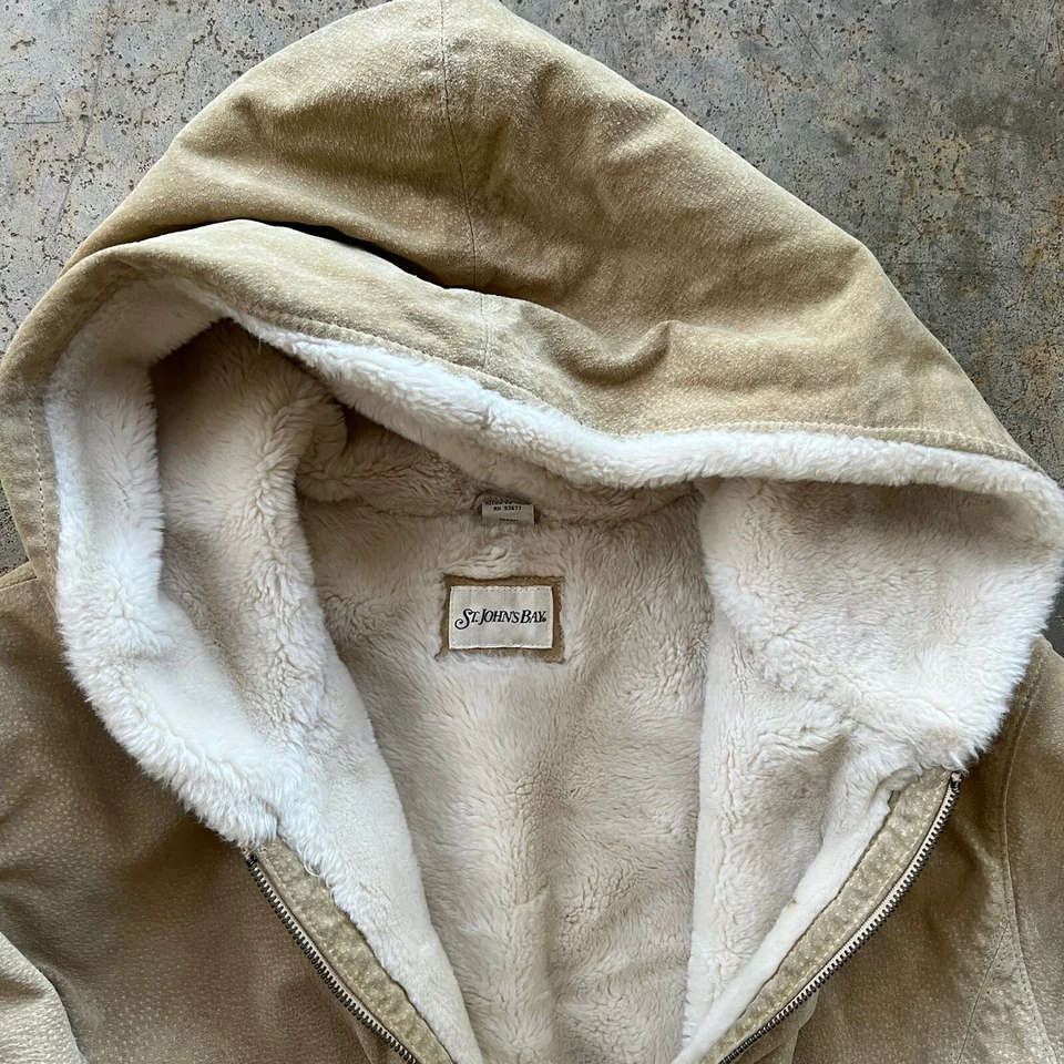 Abrigo Parka St. John’s Bay Cuero Gamuza Genuino Forrado Sherpa Con Capucha Talla XL Foto 3 de 4