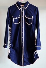 Womens Sz 4 TORY BURCH Nora Shirt Dress Navy Blue White Trim Lace Up Sides