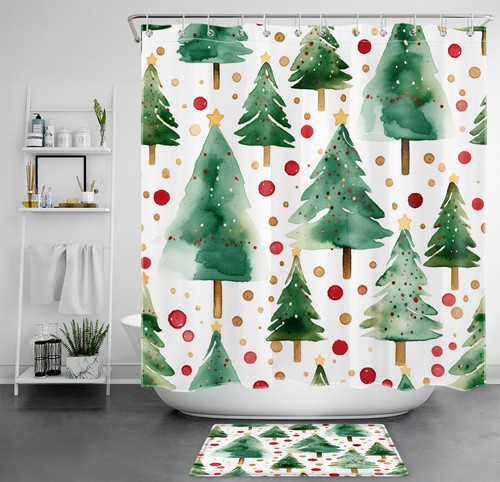 Winter Abstract Green Xmas Tree Holiday Shower Curtain Bathroom Accessories Set - Picture 23 of 23