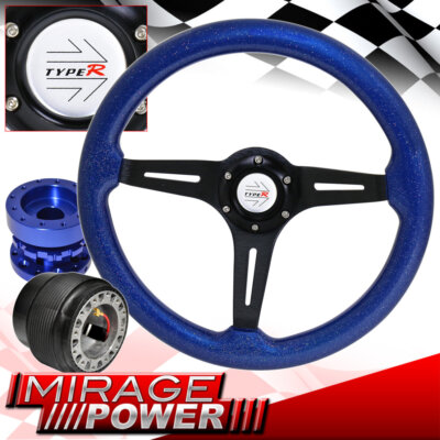 Blue Wood Sparkling Streak Style Steering Wheel + Hub Extender For 89-05 Eclipse