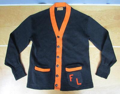 Vintage 1940s Fort Lee H.S. Wool Varsity Cardigan Sweater Black