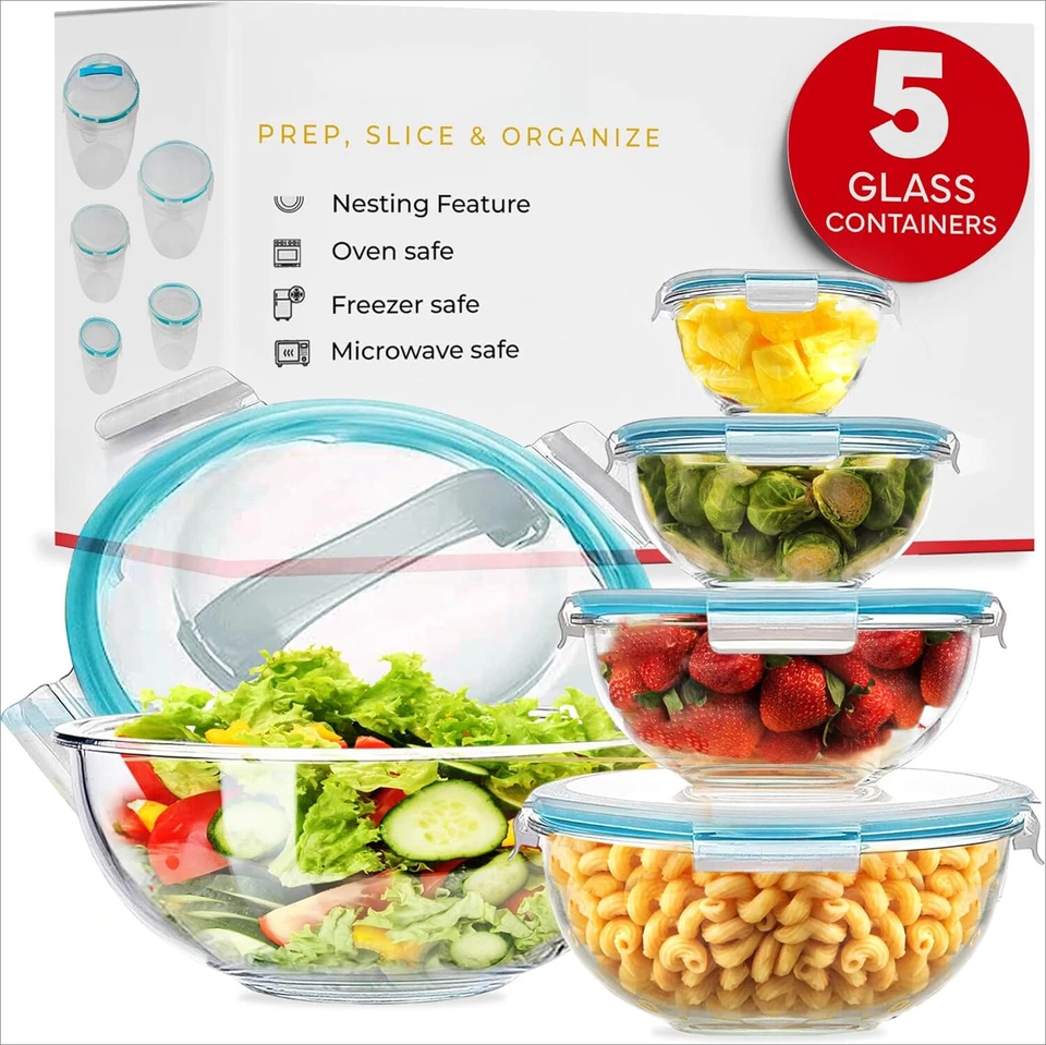 Juego de 5 cuencos de vidrio para almacenamiento de alimentos con tapas selladas con bloqueo a presión - apilables Foto 2 de 4