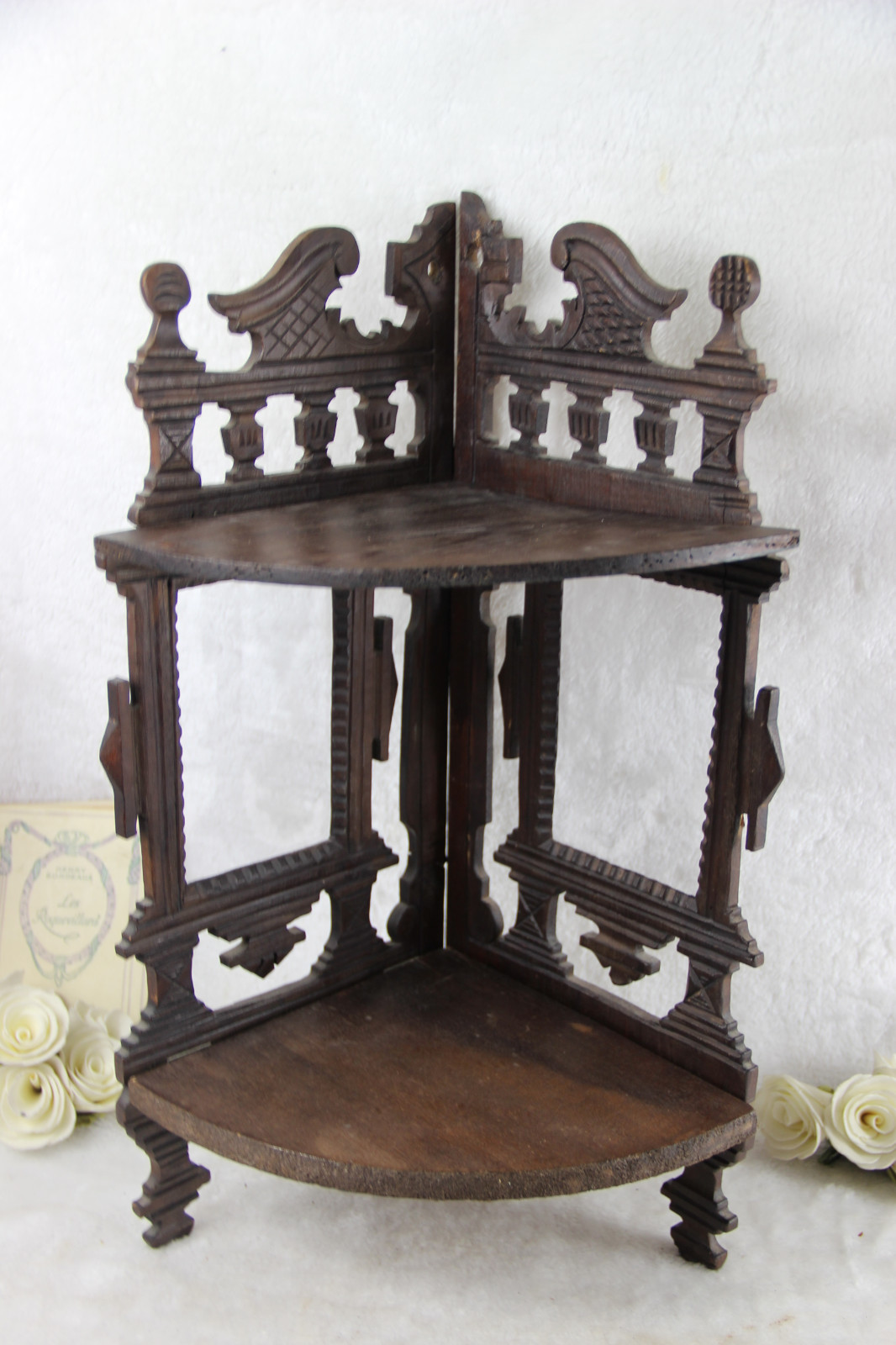 Rare German black forest style wood carved Rack console w photo frame 2 level 