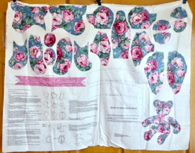 Vintage Cranston~Rose Covered Teddy Bear~Cut & Sew Fabric Panel~13'' Bear w/Bow