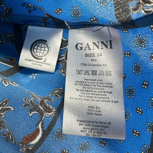 Ganni Cloverdale 100% Silk Blue Blouse Top Size US 0 EU 32 Women's Sandwashed - Picture 7 of 10