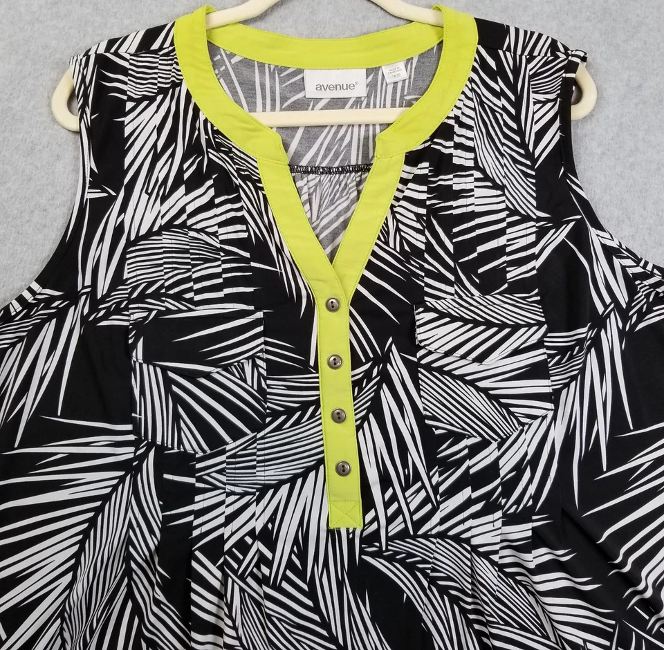 Camiseta sin mangas Avenue para mujer 18 20 negra blanca amarilla hojas de palma elástica primavera Foto 2 de 4