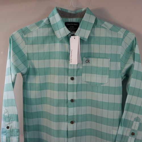 Calvin Klein Jeans Shirt Boys Sz 8 (S) Button Up Plaid Green White New Tags