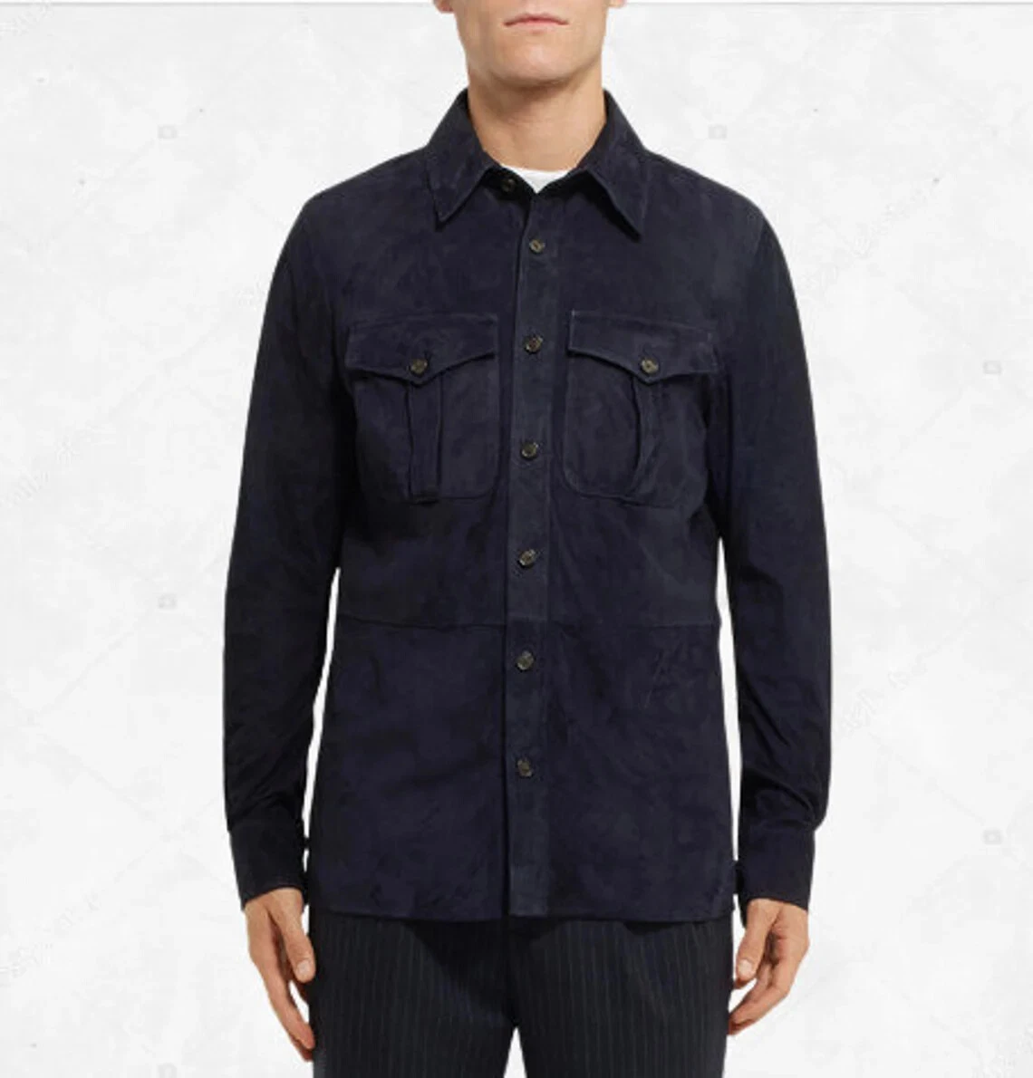 Modern Men's Stylish Navy Blue Suede Shirt 100% Pure Sheepskin Slim Fit Shirt