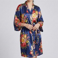 Lightweight Satin Navy Blue Floral Robe with Yellow Pink Belted