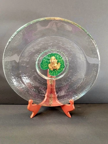 GEORGE BUCQUET Frog Lilly Pad Glass Bowl 1998 Signed Cast Art Glass 12" Wide