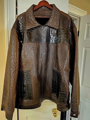 Premium Embossed Leather Jacket Croc & Ostrich Pattern Mix Handmade Vintage