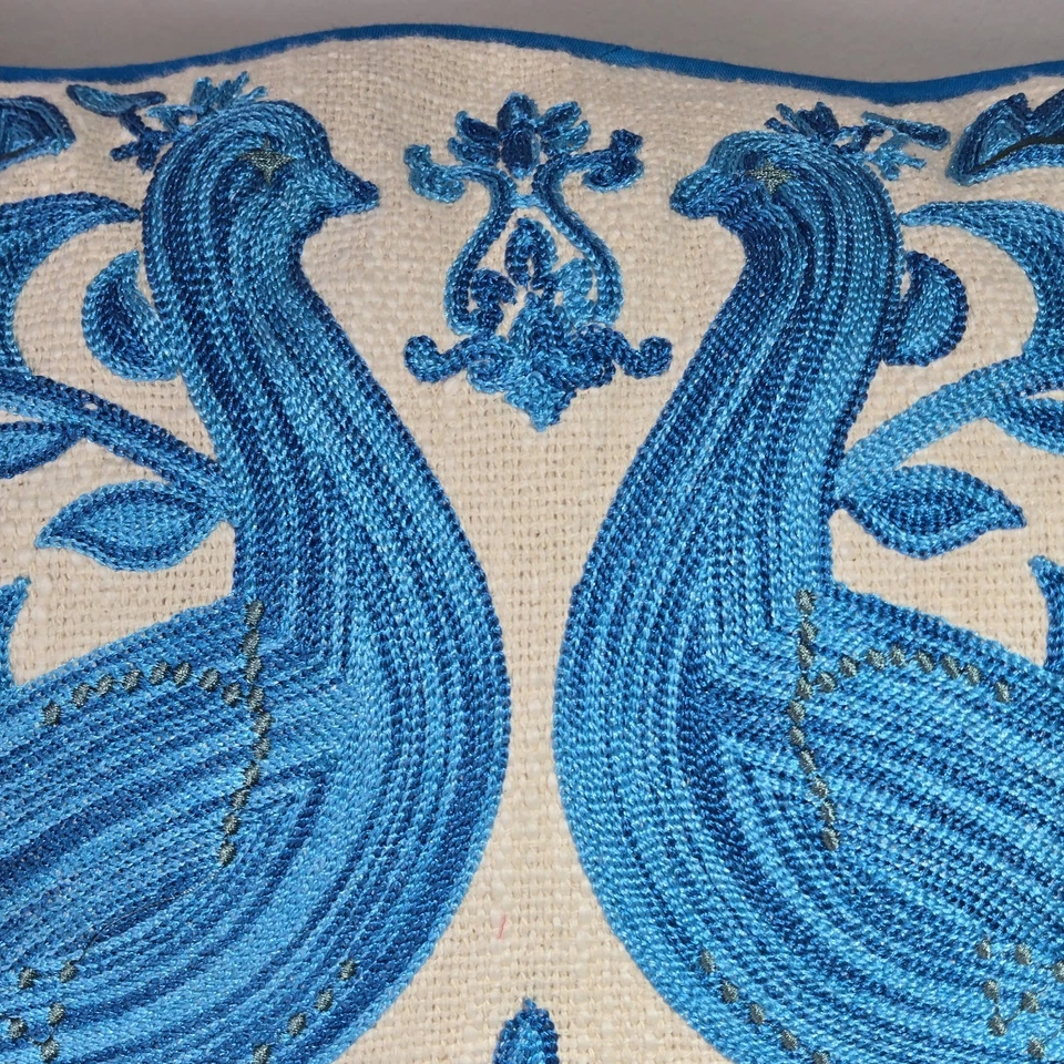 Pavone Velvet Luxe Decorative Pillow Peacock Blue European Embroidered 14x20 NEW - Image 3 of 4