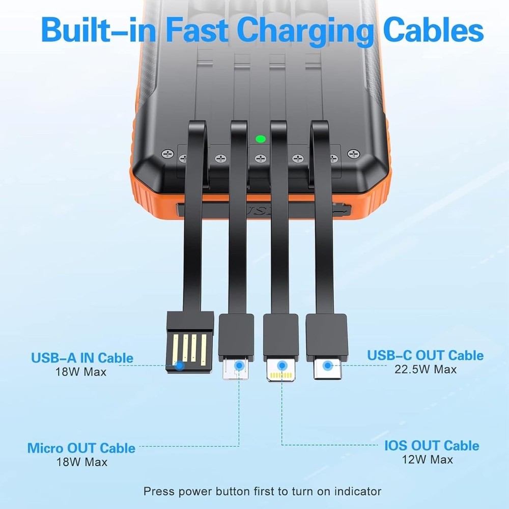 52800mAh Wireless Power Bank with 4 Built-in Cables 7 Outputs 22.5W Fast Charging Orange