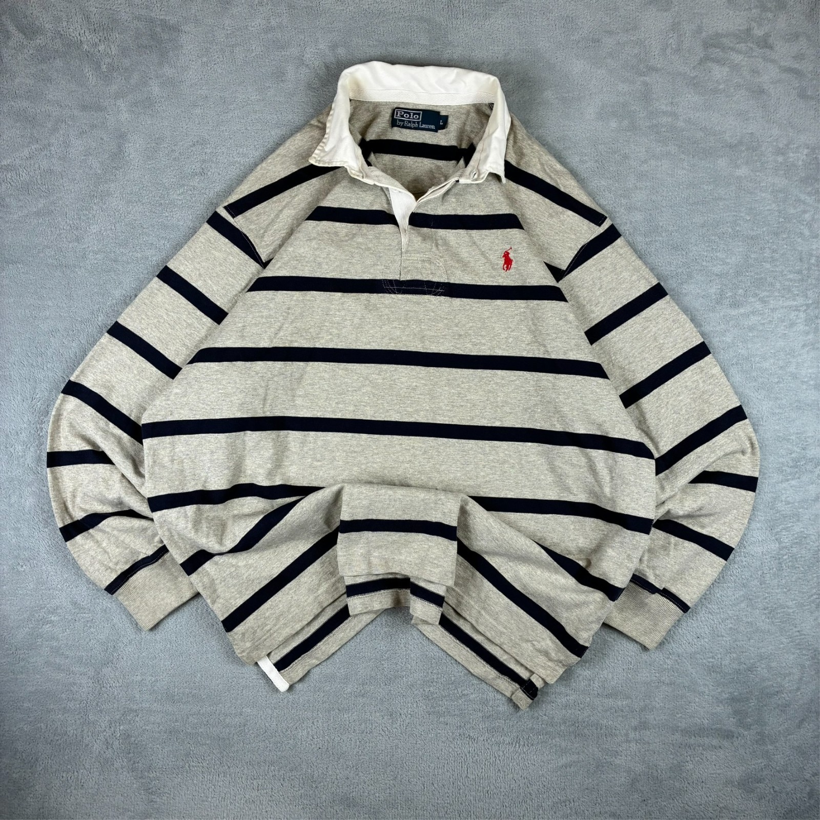 Vintage Polo Ralph Lauren 1990s Grey Navy Stripe Sz Large Rugby Shirt Sweatshirt