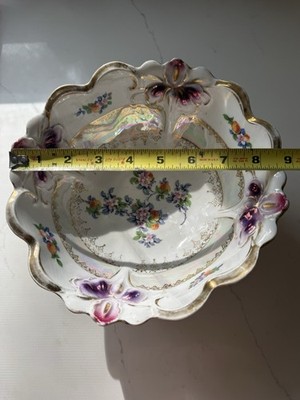 AntiqueAustrian Porcelain Footed Bowl Iridescent Hand-Painted 24k Gilded Gold