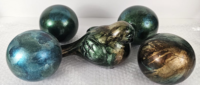 5PC Pier 1 Ceramic Foil Centerpiece Decor 4-4'' Balls 1-Bird Teal Green Blue