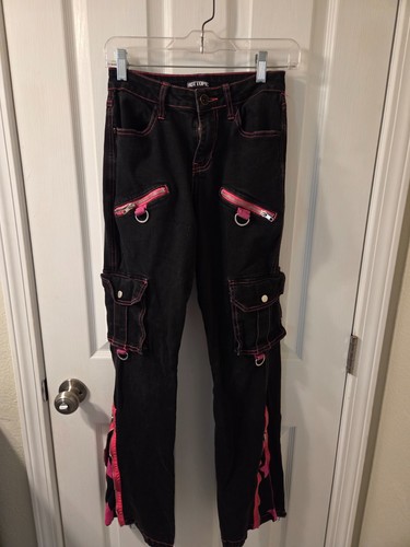 Hot Topic Size 3 Goth Punk Emo Wide Flare Leg Pants Black Red Button Zip #S154