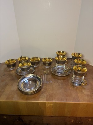 5 Sets Vintage Pasabahce Turkish Coffee Tea Set 20 Pcs Glass Silver Gold Saucer