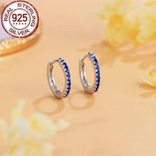 Solid 925 Sterling Silver CZ Micro Pave Blue Small Hoop Earrings Women Jewelry