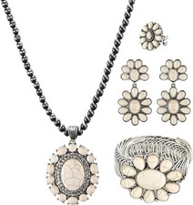 Western Turquoise Jewelry Set Boho Vintage Navajo Pearl Necklace Earrings 4 Pcs