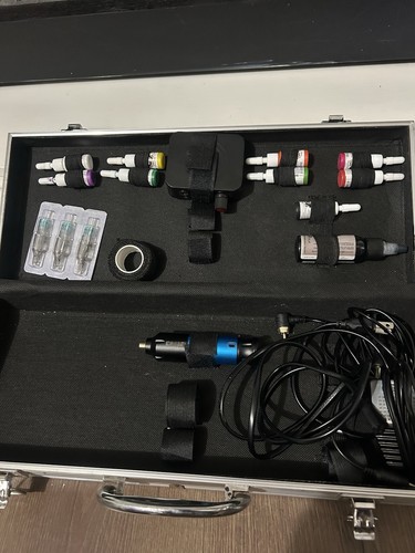 Tattoo Machine Kit w/ Needle Cartridges Grip Carrying Case Blue Lightweight