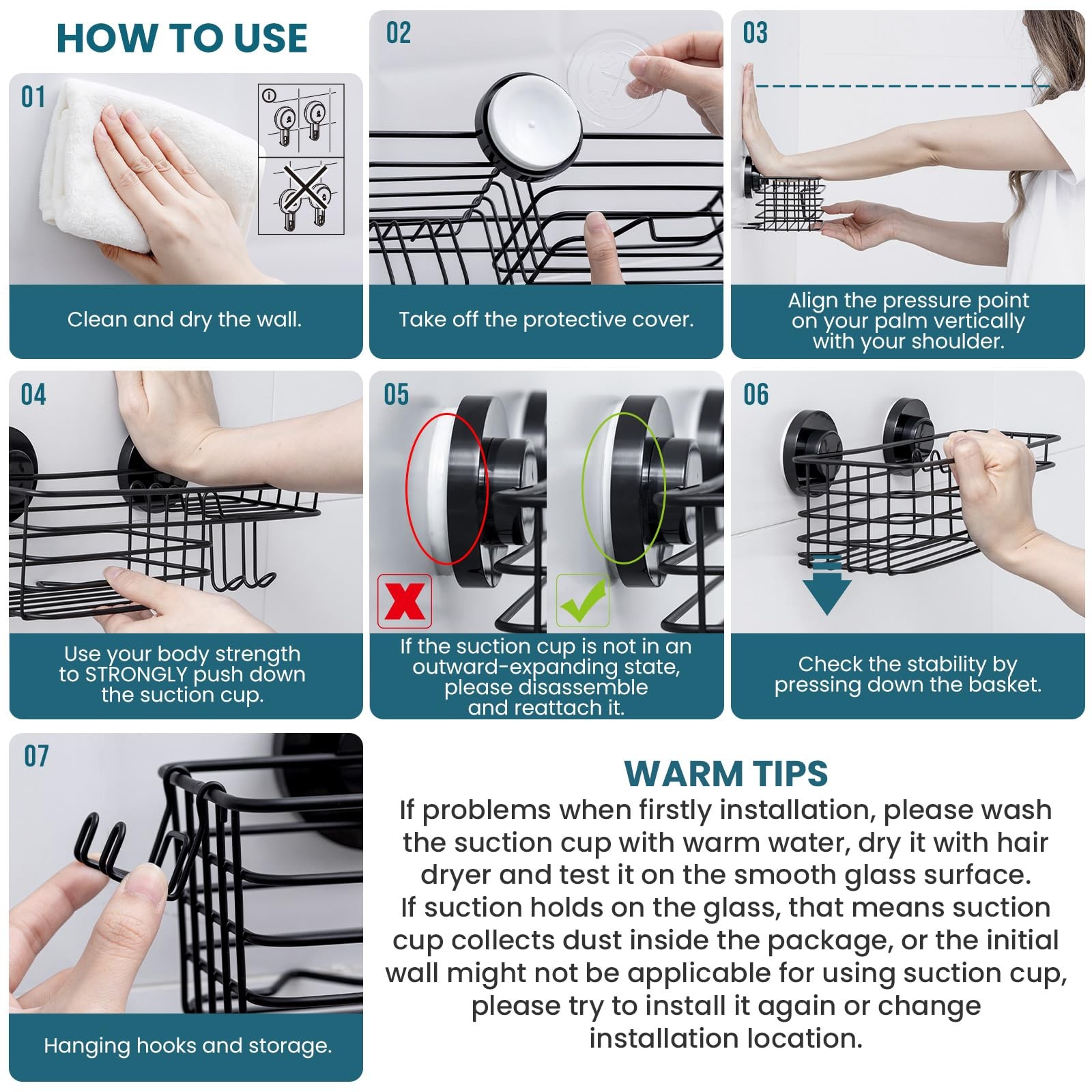 Shower Caddy Suction Cup 2 Pack with Hooks & Soap holder, Heavy Duty Shower O...