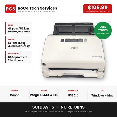 Canon imageFORMULA R40 Duplex Document Scanner 40ppm 600dpi USB w/ AC Adapter