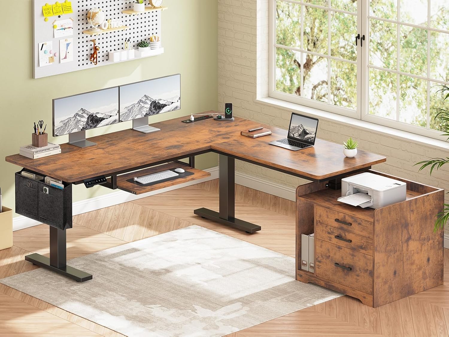 L Shaped Electric Standing Desk with 3 Drawers, Height Adjustable Computer Desk