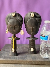 Vintage African Wood Akuaba Fertility Dolls Set of 2 Ashanti Ghana Cowrie 10"