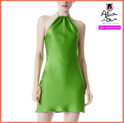Alice + Olivia Zumi A-Line Halter Tie Neck Green Satin Open Back Mini Dress 12