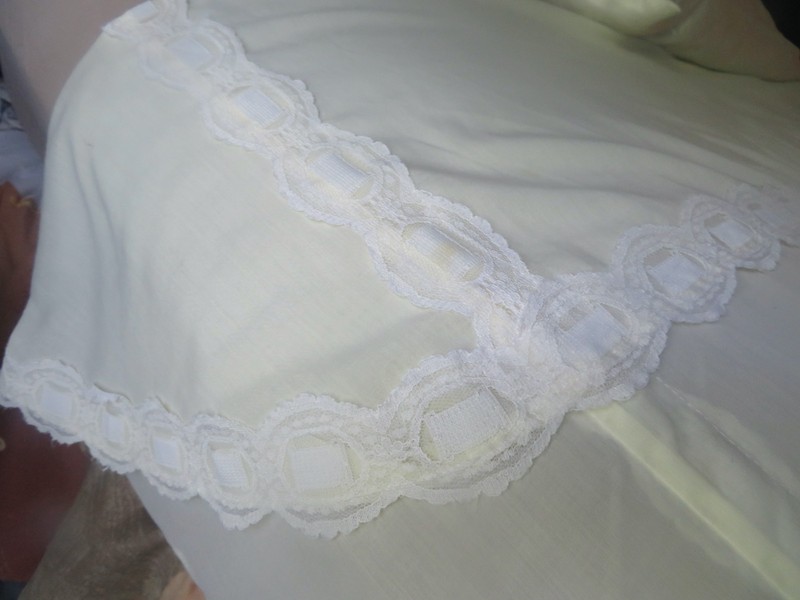 VINTAGE Homemade Pale Yellow  Top Sheet  Bed Cover Lace Added + Satin Pillowcase