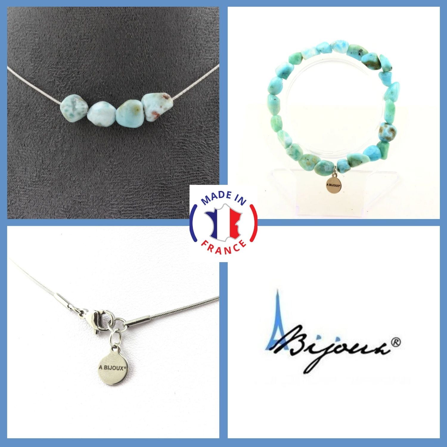 Parure bijoux Larimar véritable avec collier ras de cou et bracelet perles de République Dominicaine