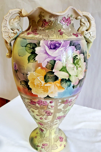 CHINESE URN Moriage Modern Floral Stoneware Figural Handles Serpentine Top 16.5" - Picture 3 of 17