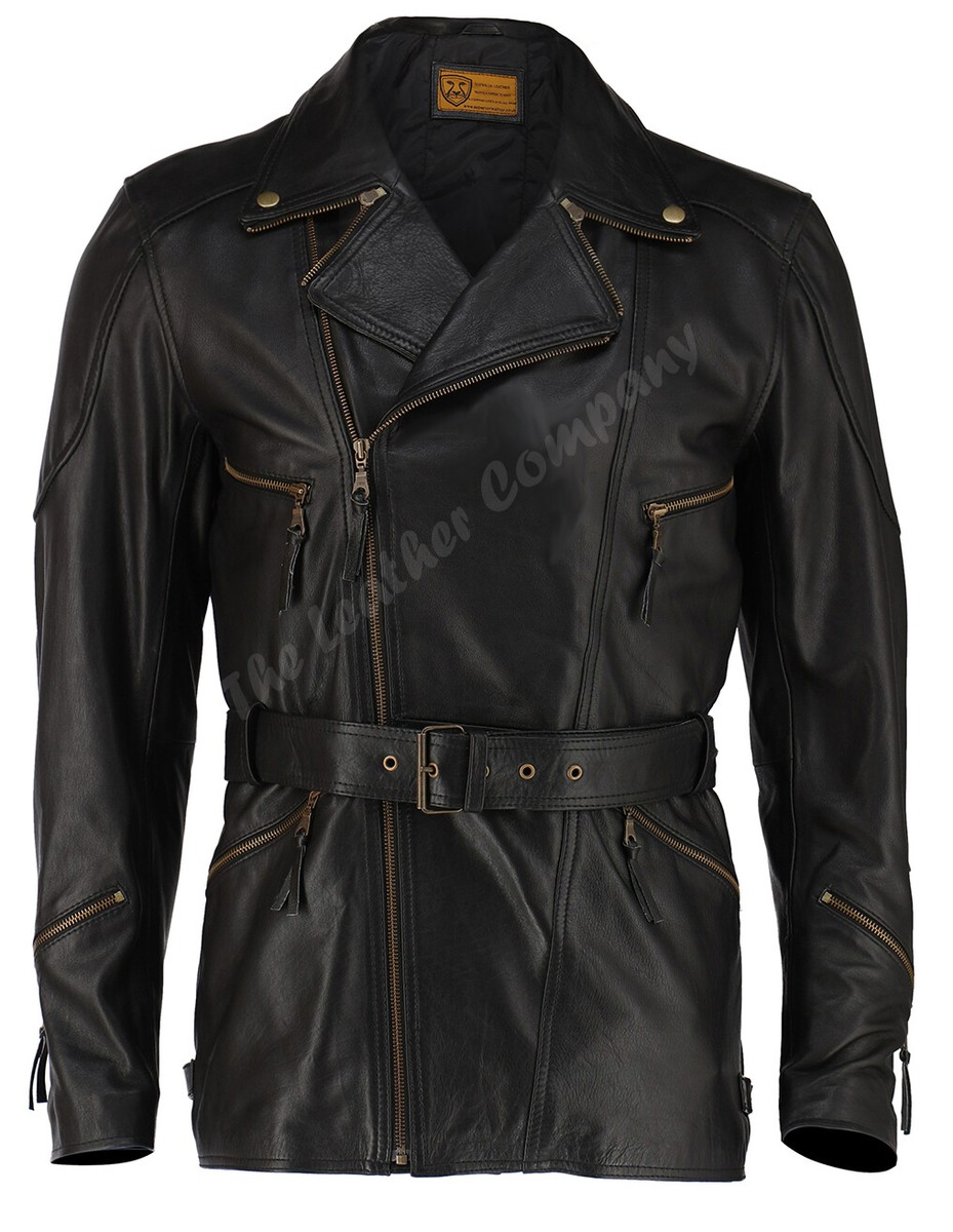 Men's Black 3/4 Motorcycle Biker Long Cow Hide Leather Jacket/Coat