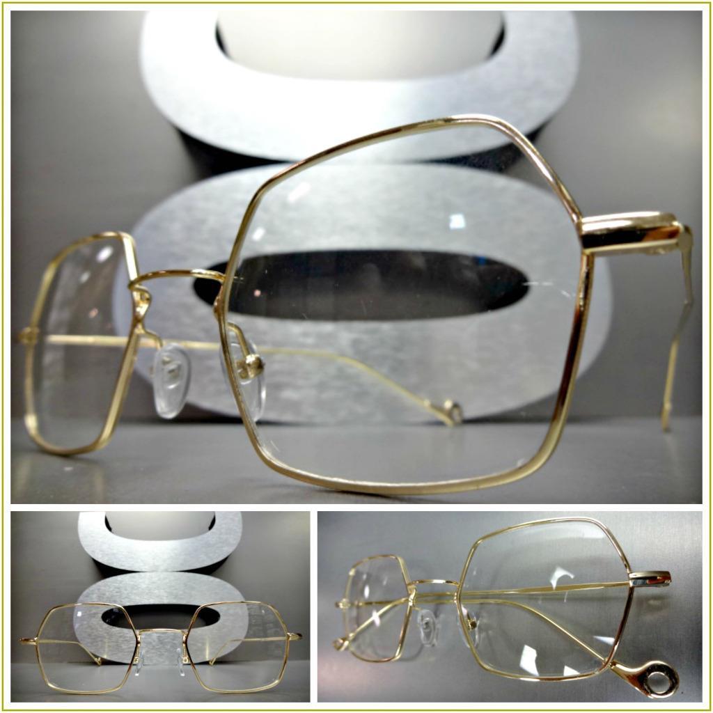 Mens VINTAGE RETRO Style Clear Lens EYE GLASSES Gold Hexagon Metal