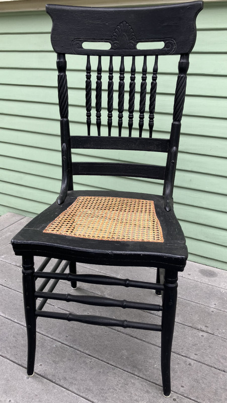 PRESSED BACK ANTIQUE OAK CHAIR BLACK w/CANE SEAT - LOCAL PICKUP ONLY